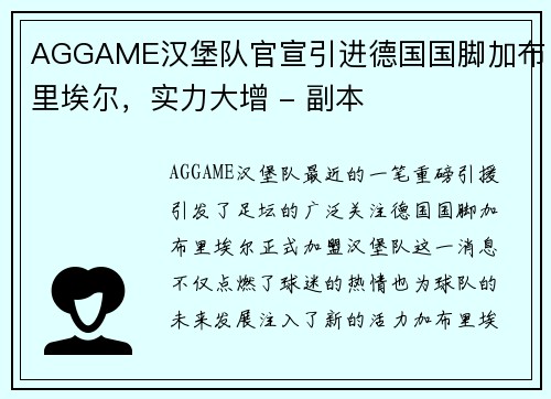 AGGAME汉堡队官宣引进德国国脚加布里埃尔，实力大增 - 副本