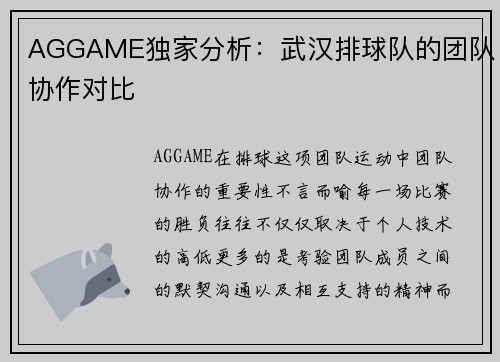 AGGAME独家分析：武汉排球队的团队协作对比