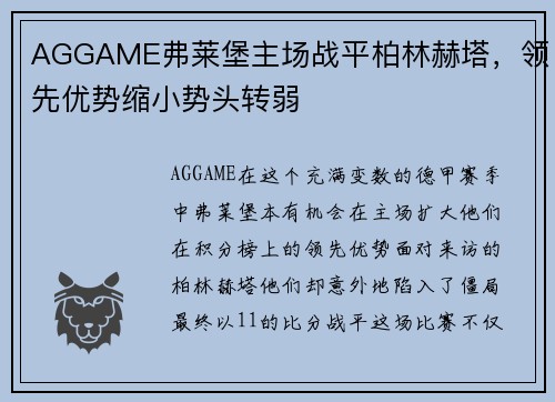 AGGAME弗莱堡主场战平柏林赫塔，领先优势缩小势头转弱