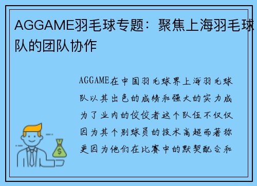 AGGAME羽毛球专题：聚焦上海羽毛球队的团队协作